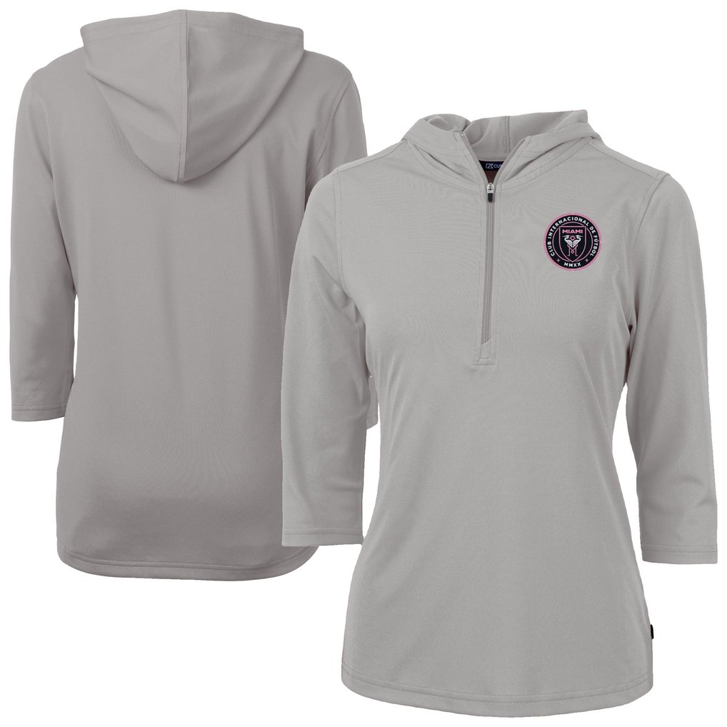  Inter Miami CF Cutter & Buck Women's Virtue Eco Pique Recycled Half-Zip Pullover Hoodie - Gray